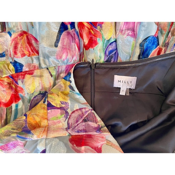 MILLY Hayden Metallic Tulip Halter Dress | Blue Multi | Size 4 - Picture 6 of 6